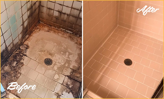 Before and After Picture of a Tile Shower Regrouted to Repair Severe Water Damage