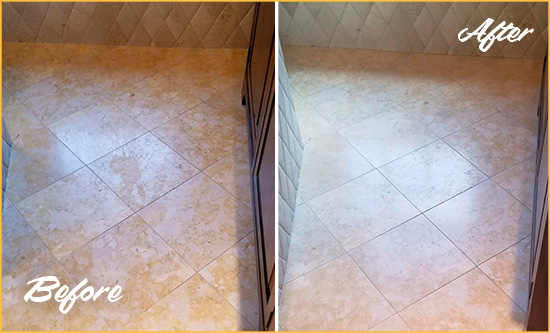 Before and After Picture of Dirty Kitchen Tumbled Travertine Floor Honed and Polished to Recover its Sheen