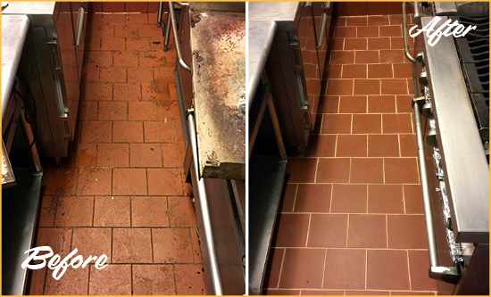 Before and After Picture of a Wekiwa Springs Restaurant Kitchen Tile and Grout Cleaned to Eliminate Dirt and Grease Build-Up