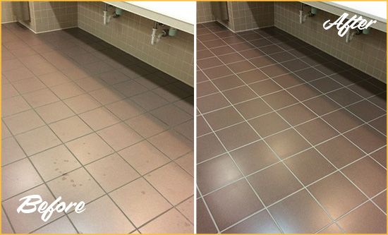 Before and After Picture of a Astor Restrooms Tile and Grout Cleaned to Remove Embedded Dirt