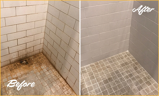 Before and After Picture of a Heathrow Shower Tile and Grout Cleaned to Eliminate Mold and Stains