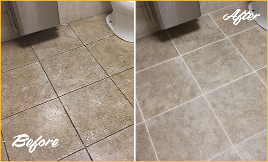 Before and After Picture of a Four Corners Restroom Tile and Grout Cleaned to Remove Soil