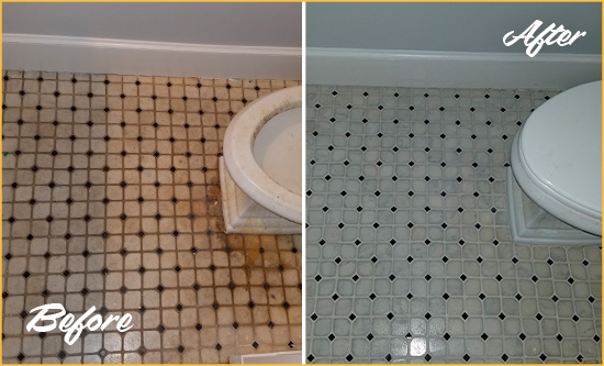 Before and After Picture of a Yalaha Bathroom Tile and Grout Cleaned to Remove Stains