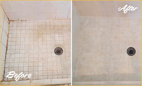 Before and After Picture of a Lake Shower Caulked to Fix Cracks