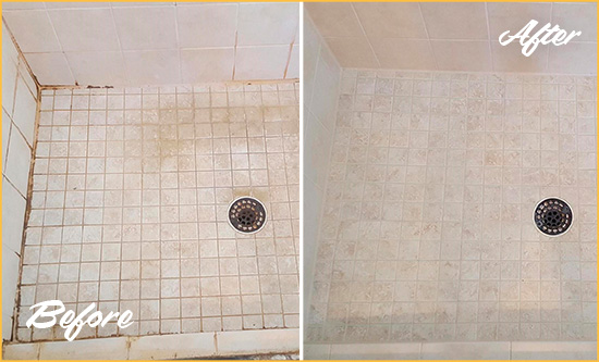 Before and After Picture of a Mascotte Shower Caulked to Fix Cracks