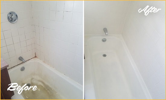Before and After Picture of a Four Corners Bathtub Caulked to Repair Cracks