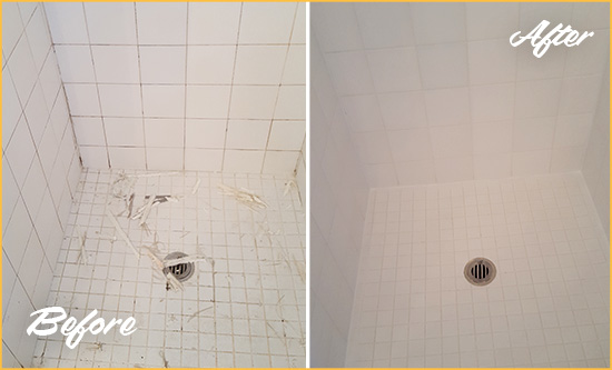 Before and After Picture of a Lake Bathroom Re-Caulked To Repair Damaged Caulking