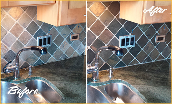 Before and After Picture of a Wekiwa Springs Backsplash Caulked to Fix and Prevent Water Leaks