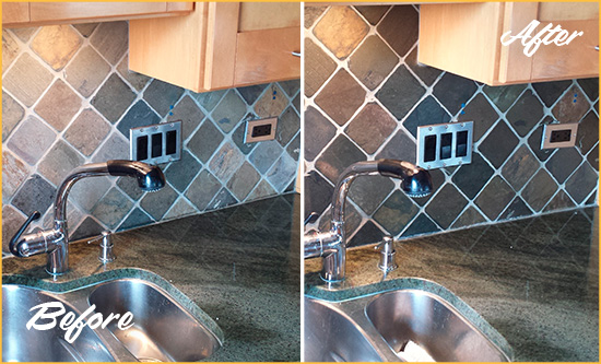 Before and After Picture of a Yalaha Backsplash Caulked to Fix and Prevent Water Leaks