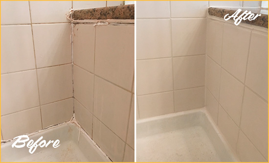 Before and After Picture of a Four Corners Shower Caulked to Repair Damaged Caulking