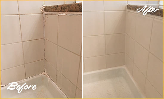 Before and After Picture of a Astor Shower Caulked to Repair Damaged Caulking