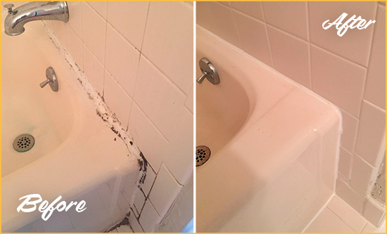 Before and After Picture of a Paisley Bathroom Sink Caulked to Fix a DIY Proyect Gone Wrong