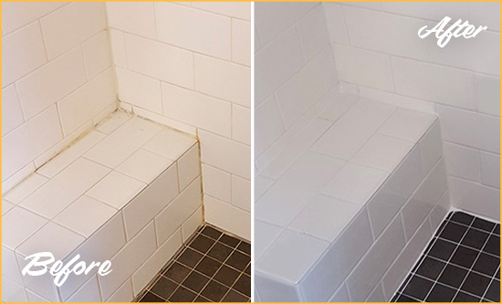 Before and After Picture of a Yalaha Shower Seat Caulked to Protect Against Mold and Mildew Growth