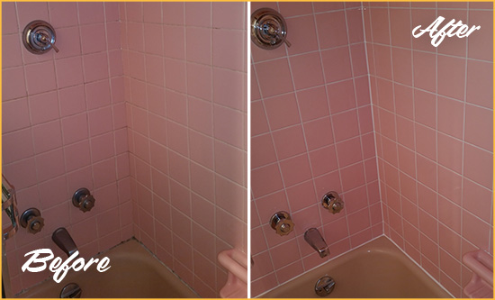Before and After Picture of a Orange Bend Bathtub Caulked to Eliminate Mold