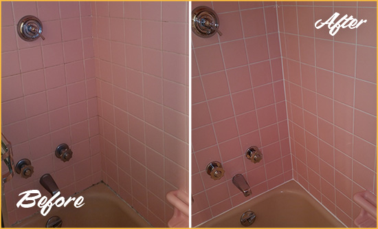 Before and After Picture of a Pine Lakes Bathtub Caulked to Eliminate Mold