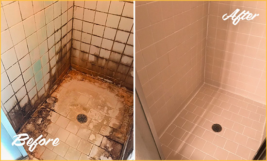 Before and After Picture of a Eustis Shower Caulked to Fix and Prevent Water Damage