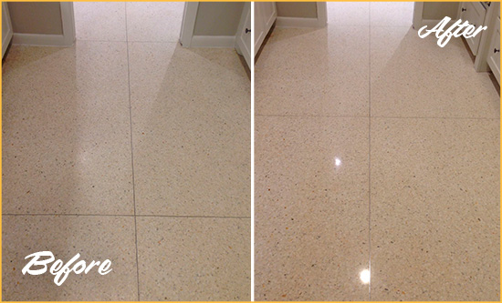 Before and After Picture of a Pine Lakes Granite Stone Floor Polished to Repair Dullness