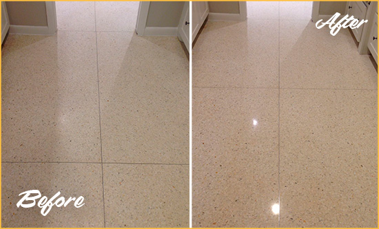 Before and After Picture of a Wekiwa Springs Granite Stone Floor Polished to Repair Dullness