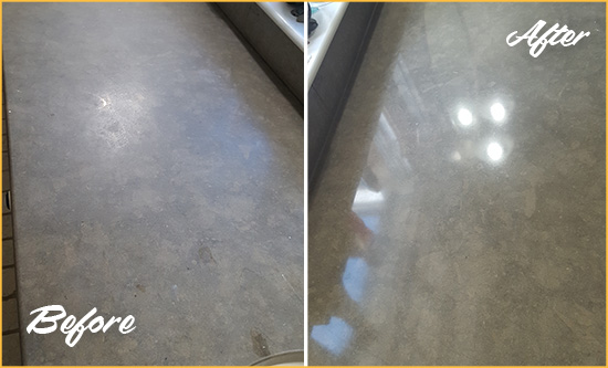 Before and After Picture of a Dull Sanford Limestone Countertop Polished to Recover Its Color