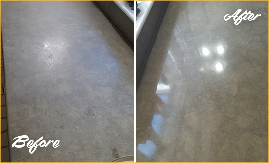 Before and After Picture of a Dull Astor Limestone Countertop Polished to Recover Its Color