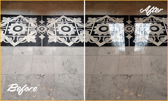 Before and After Picture of a Casselberry Marble Stone Floor Polished to a Mirror Shine