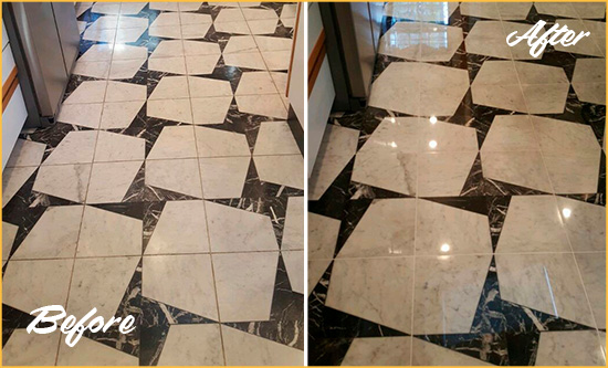 Before and After Picture of a Dull Forest City Marble Stone Floor Polished To Recover Its Luster