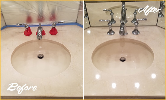 Before and After Picture of a Dull Gram Island Marble Stone Vanity Top Polished to Bring-Back Its Sheen