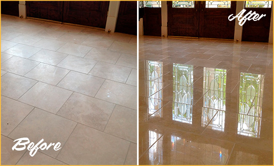 Before and After Picture of a Dull Orange Bend Travertine Stone Floor Polished to Recover Its Gloss