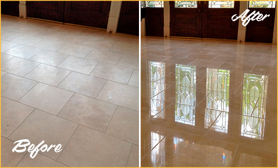 Before and After Picture of a Dull Fern Park Travertine Stone Floor Polished to Recover Its Gloss