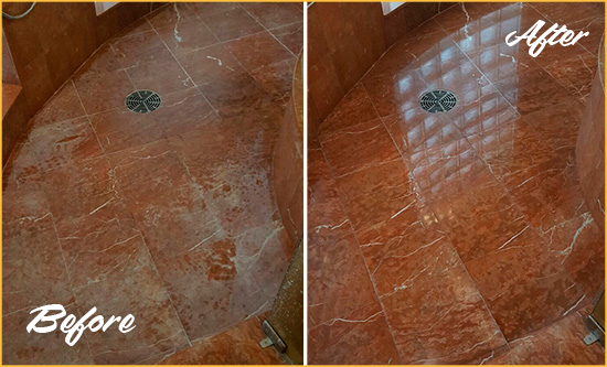 Before and After Picture of a Four Corners Marble Stone Shower Polished to Eliminate Mineral Deposits