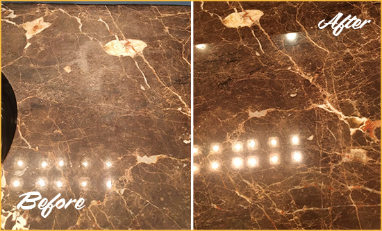 Before and After Picture of a Bassville Park Marble Stone Countertop Polished to Eliminate Stains