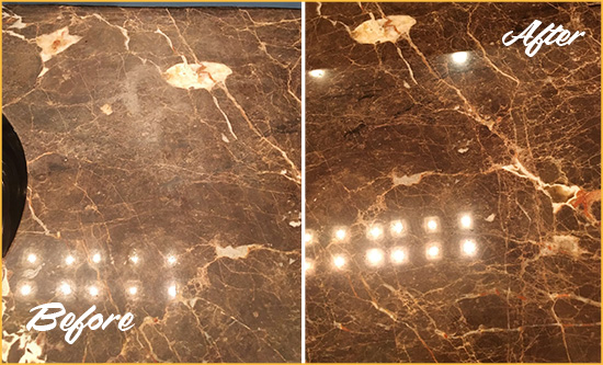 Before and After Picture of a Lady Lake Marble Stone Countertop Polished to Eliminate Stains