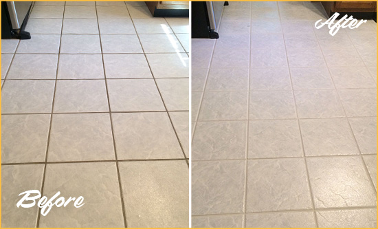 Before and After Picture of a Minneola Kitchen Ceramic Floor Sealed to Protect From Dirt and Spills