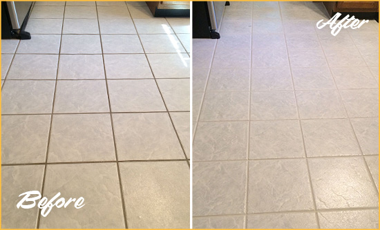 Before and After Picture of a Lake Mary Kitchen Ceramic Floor Sealed to Protect From Dirt and Spills