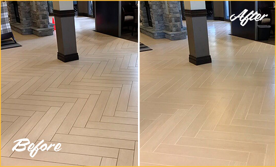 Before and After Picture of a Dirty Astor Ceramic Office Lobby Sealed For Extra Protection Against Heavy Foot Traffic