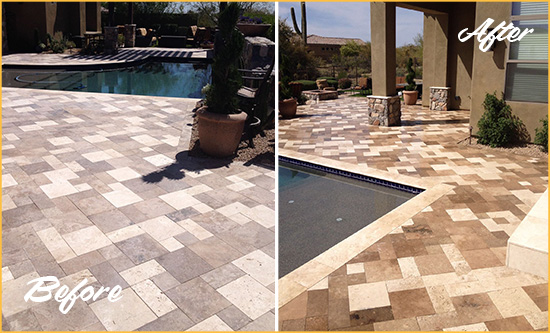 Before and After Picture of a Faded Silver Lake Travertine Pool Deck Sealed For Extra Protection
