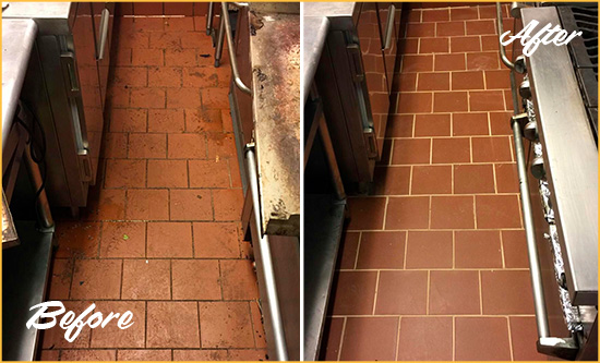 Before and After Picture of a Lanier Restaurant Kitchen Floor Sealed to Remove Soil