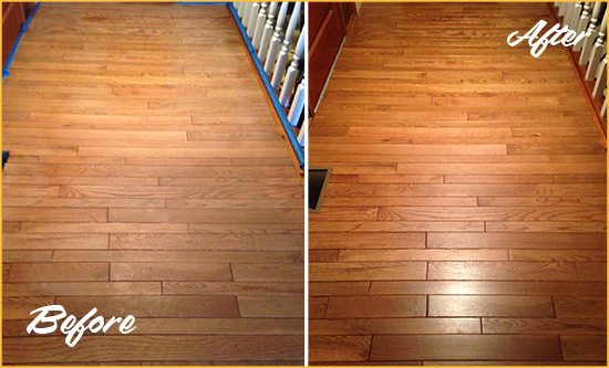 Before and After Picture of a Astor Wood Sand Free Refinishing Service on a Dull Hallway