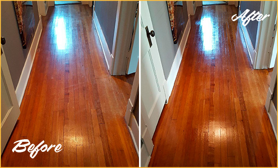 Before and After Picture of a Lisbon Wood Sand Free Refinishing Service on a Floor to Eliminate Scratches