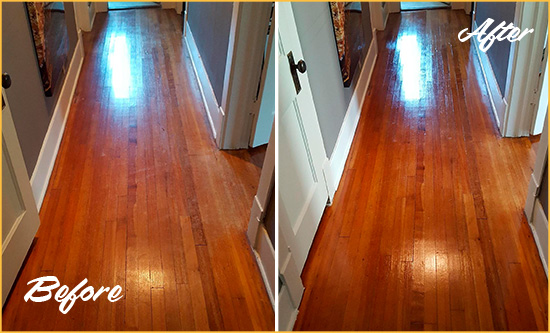 Before and After Picture of a Astor Wood Sand Free Refinishing Service on a Floor to Eliminate Scratches