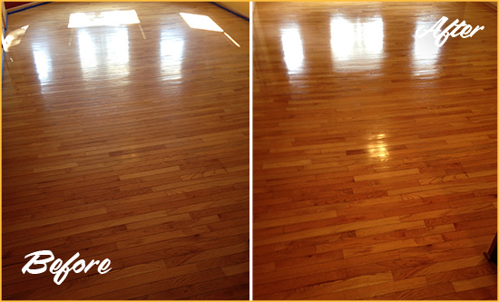 Before and After Picture of a Paisley Wood Sand Free Refinishing Service on a Room Floor to Remove Scratches