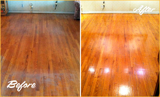 Before and After Picture of a Pine Lakes Wood Sand Free Refinishing Service on a Stained Floor