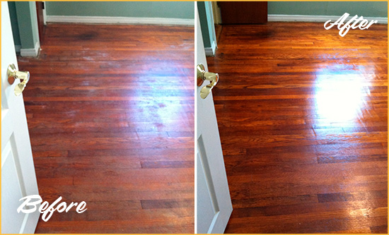 Before and After Picture of a Pine Lakes Wood Sand Free Refinishing Service on a Dull Floor to Remove Stains