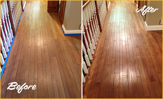 Before and After Picture of a Pittman Wood Sand Free Refinishing Service on a Worn Out Floor