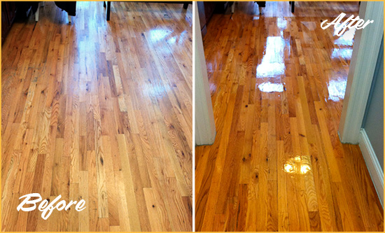 Before and After Picture of a Astatula Wood Sand Free Refinishing Service on a Worn Out Hallway