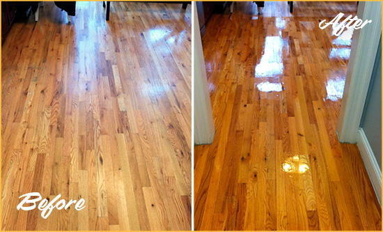 Before and After Picture of a Astor Wood Sand Free Refinishing Service on a Worn Out Hallway