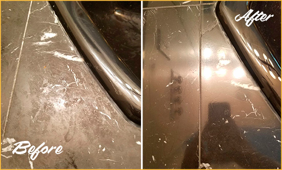 Before and After Picture of a Pine Lakes Marble Countertop Cleaned to Remove Deep Dirt