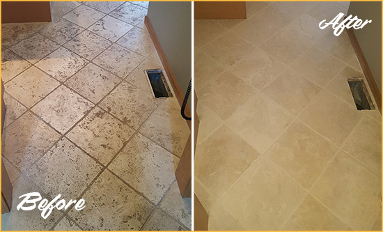 Before and After Picture of a Astor Kitchen Marble Floor Cleaned to Remove Embedded Dirt