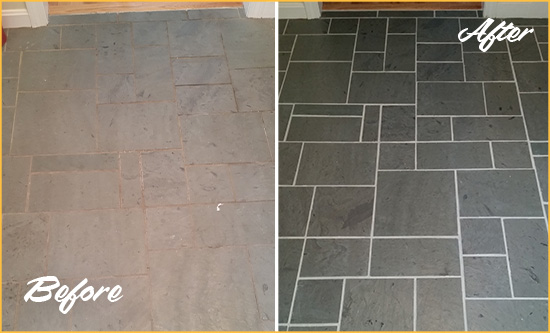 Before and After Picture of a Mount Plymouth Slate Floor Cleaned to Remove Deep-Seated Dirt