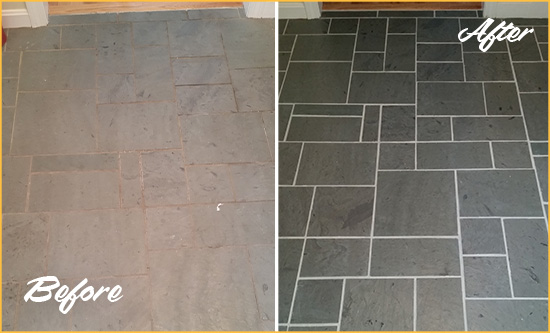 Before and After Picture of a Wekiwa Springs Slate Floor Cleaned to Remove Deep-Seated Dirt